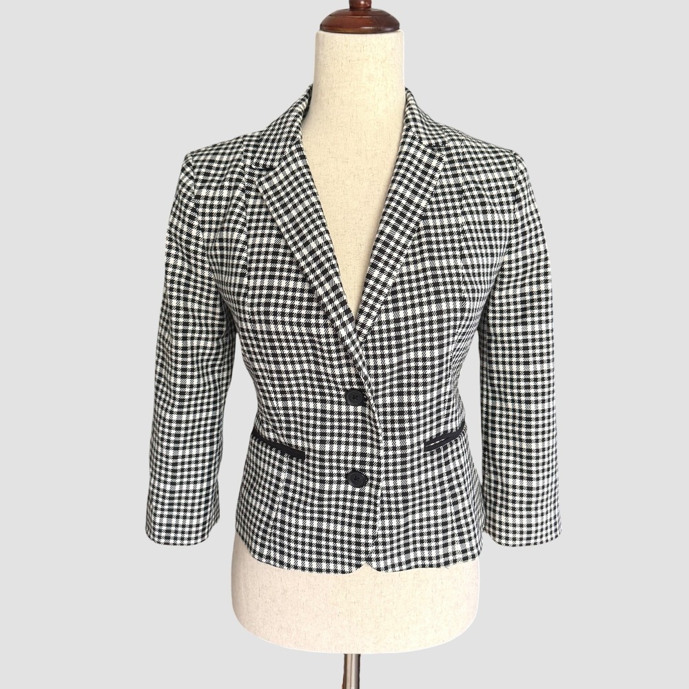Express Women Black White Houndstooth 2 Button 3/4 Sleeve Blazer Sz 2 Academia
